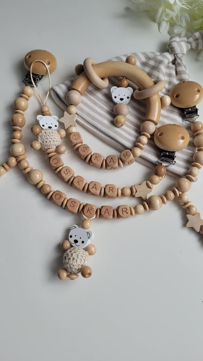 3tlg.Set Schnullerkette Kinderwagenkette & Greifring mit Namen Bärchen holz