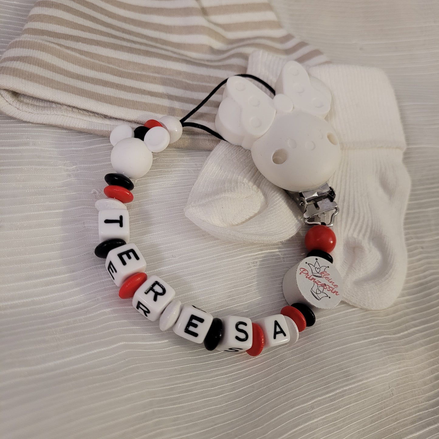 Schnullerkette mit Namen für Mädchen Maus & Kleine Prinzessin rot schwarz