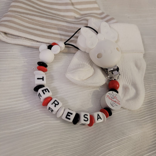 Schnullerkette mit Namen für Mädchen Maus & Kleine Prinzessin rot schwarz