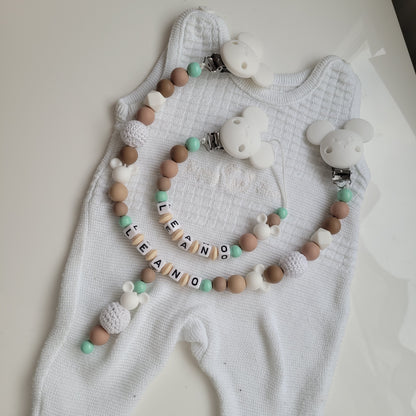 Kinderwagenkette & Schnullerkette mit Namen *Maus* beige weiss mint