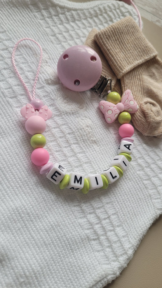 Schnullerkette mit Namen für Mädchen Maus & Schleife rosa grün