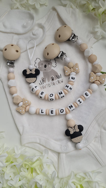 Kinderwagenkette & Schnullerkette mit Namen Minnie beige