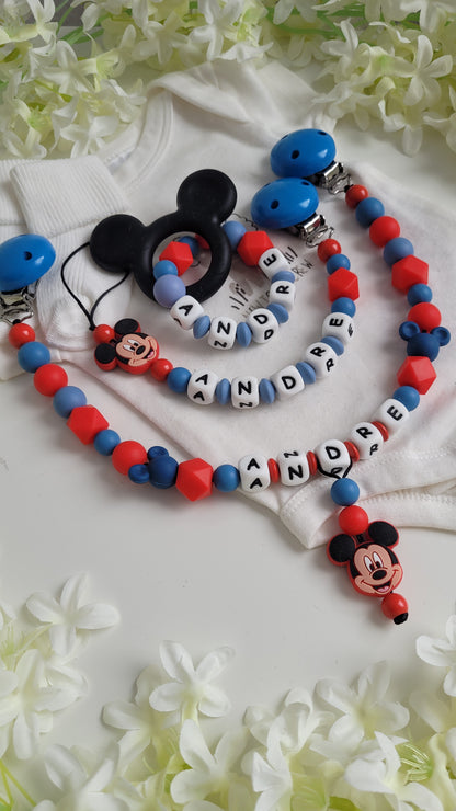 3tlg Set Schnullerkette Kinderwagenkette Greifling Mickey Maus blau rot