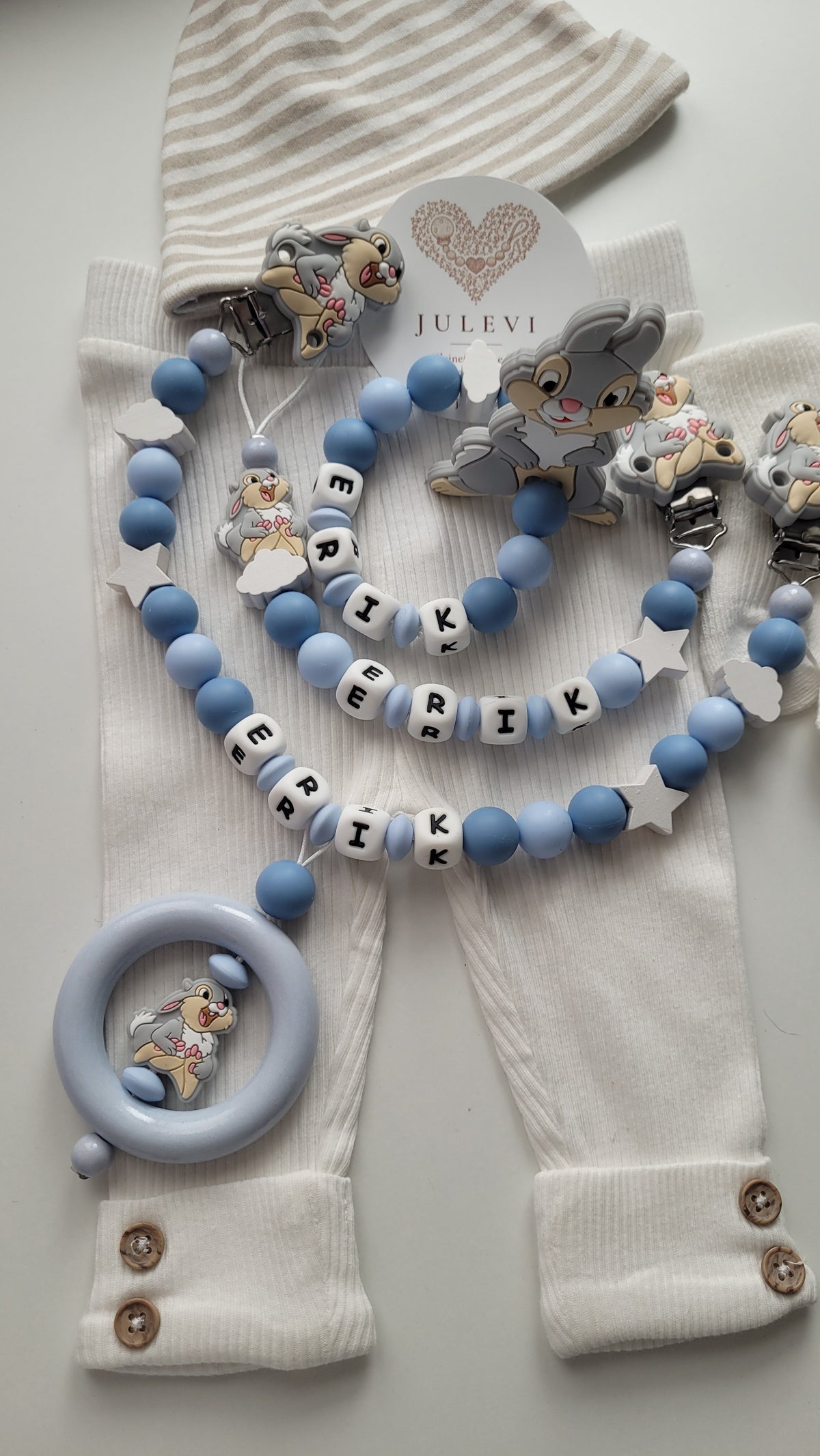 3tlg Set Schnullerkette Kinderwagenkette Beissring mit Namen Hase Wolken Sterne blau | personalisiert