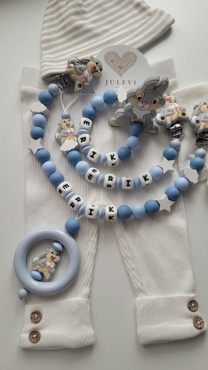 3tlg Set Schnullerkette Kinderwagenkette Beissring mit Namen Hase Wolken Sterne blau | personalisiert