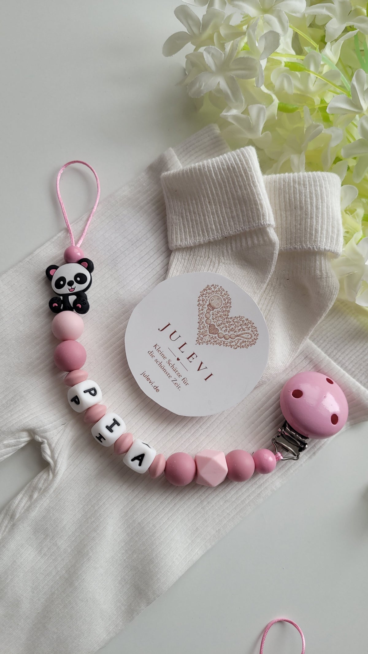 Schnullerkette mit Namen Panda rosa blush Silikon | personalisiert
