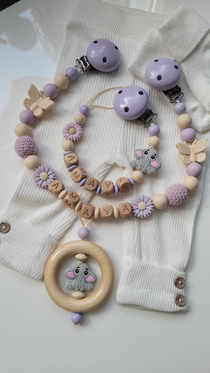 Kinderwagenkette & Schnullerkette mit Namen Elefant flieder Blümchen