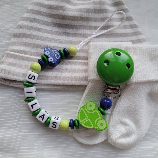 Schnullerkette mit Namen für Jungen Auto blau grün