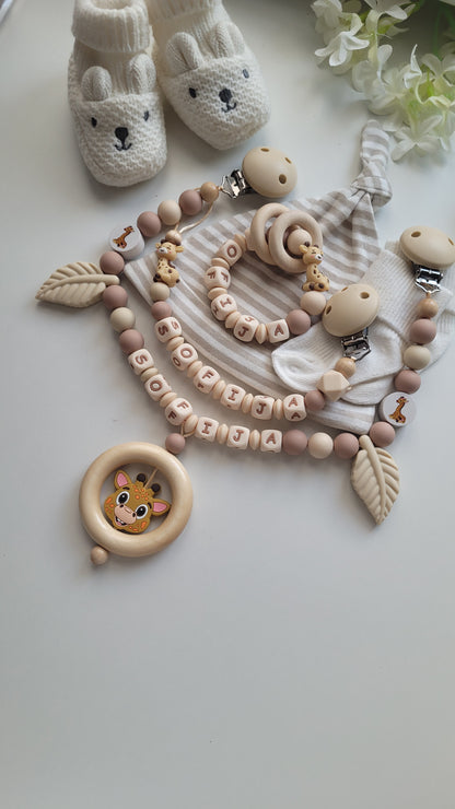 3er Set Schnullerkette Kinderwagenkette & Beissring mit Namen Giraffen & Blätter beige