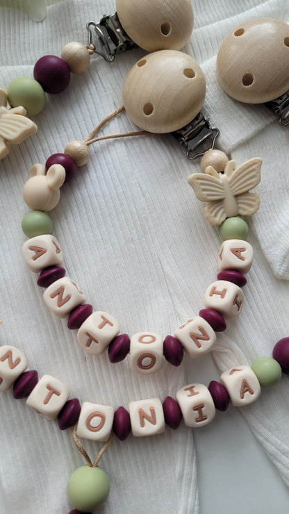 Kinderwagenkette & Schnullerkette Set mit Namen Maus Schmetterling brombeer beige grün Silikon Holz | personalisiert