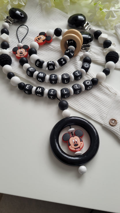 Komplett Set 3tlg Schnullerkette Kinderwagenkette Greifring mit Namen Mickey Maus schwarz weiß