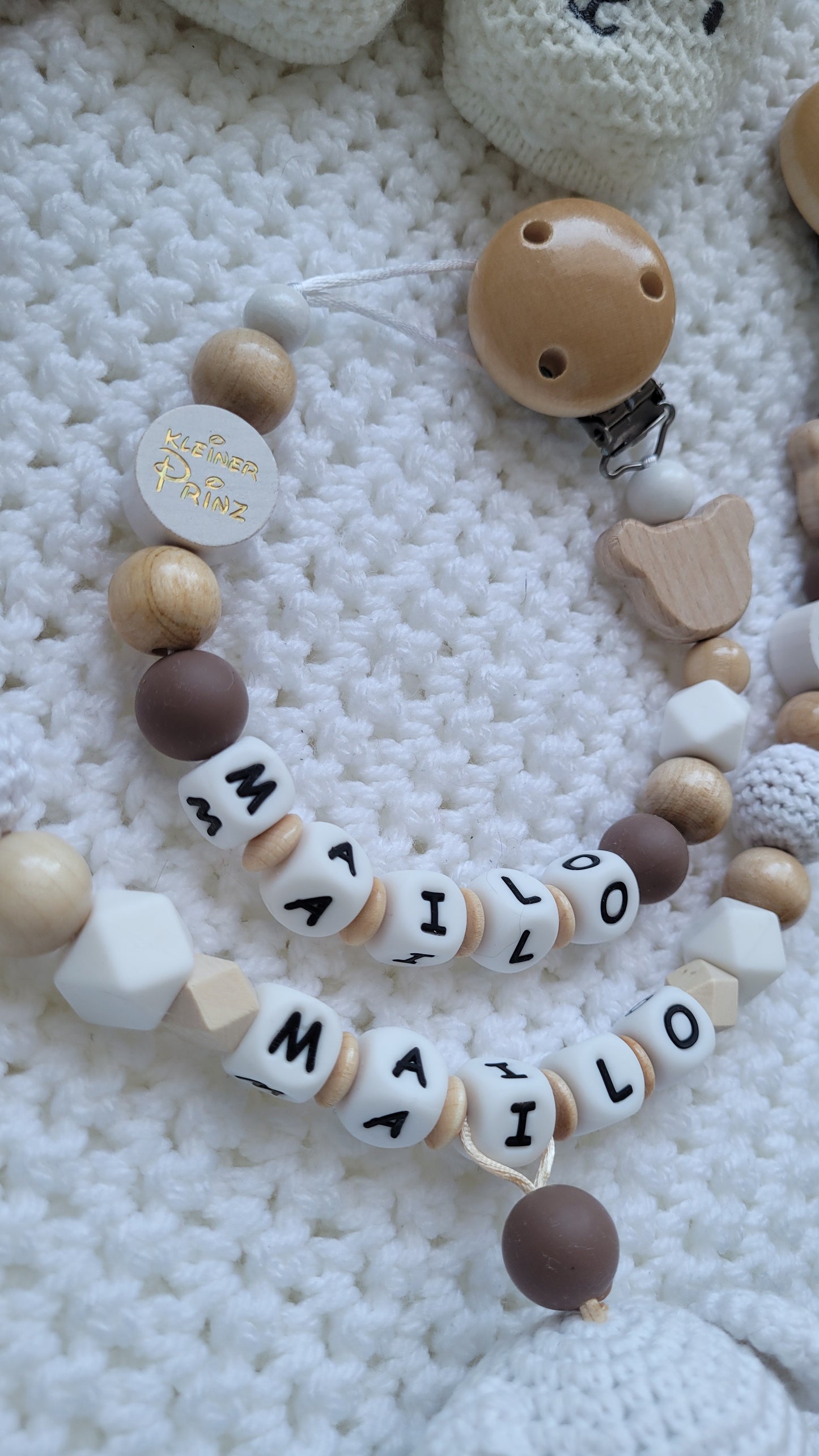 Kinderwagenkette & Schnullerkette Set Baby Teddy für Jungen braun weiss holz