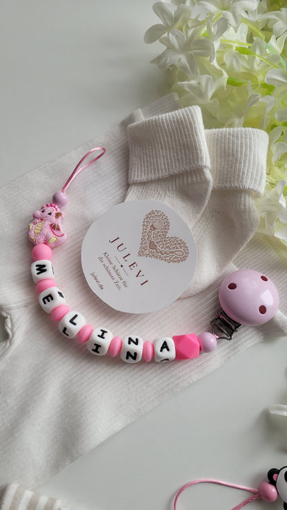 Schnullerkette mit Namen Drache pink Silikon | personalisiert