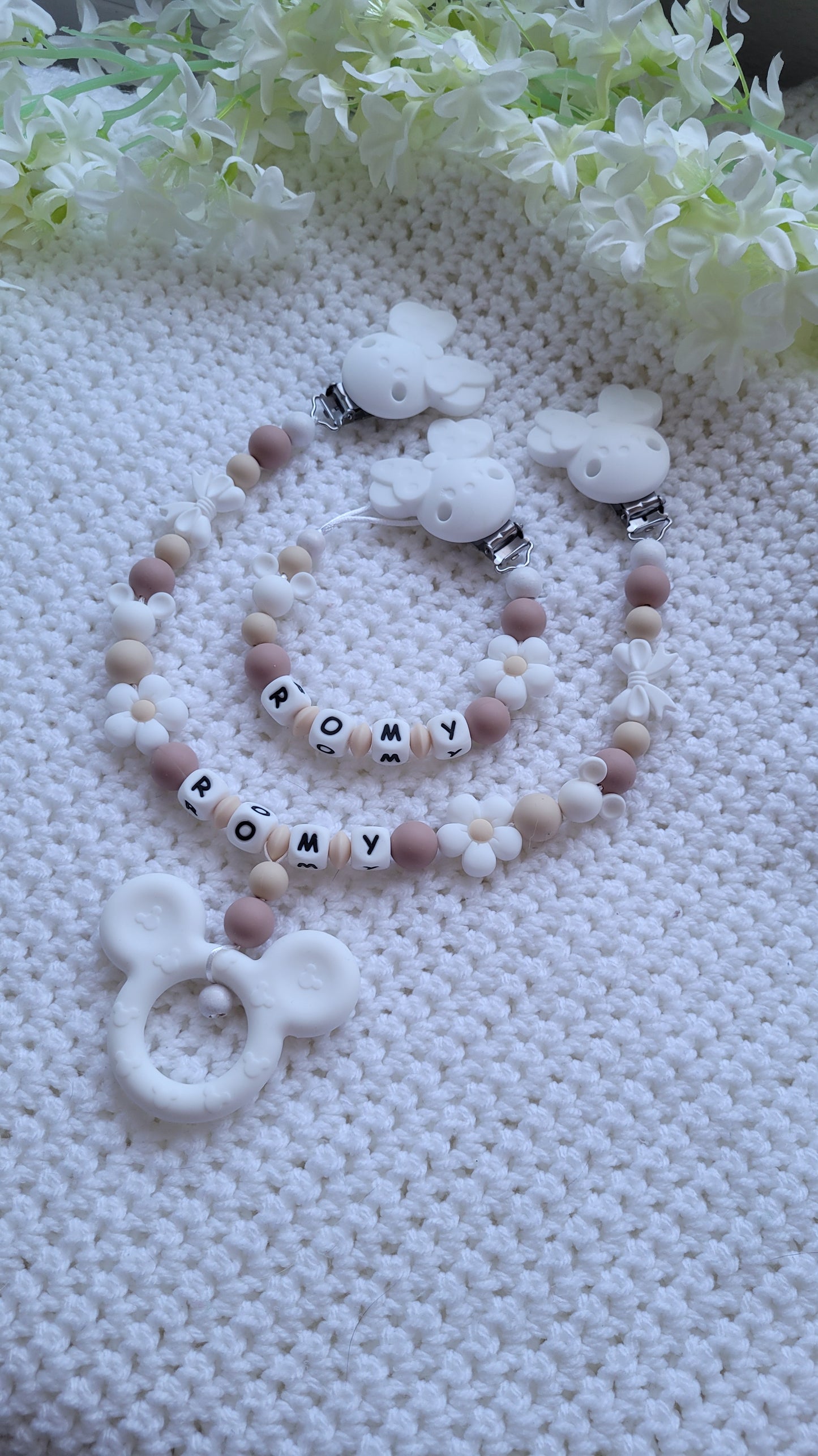 Kinderwagenkette & Schnullerkette *Minnie Prinzessin* beige weiss