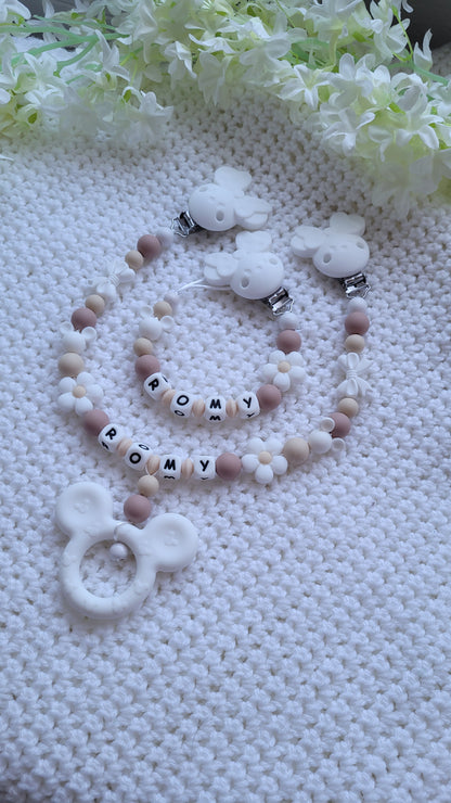 Kinderwagenkette & Schnullerkette *Minnie Prinzessin* beige weiss