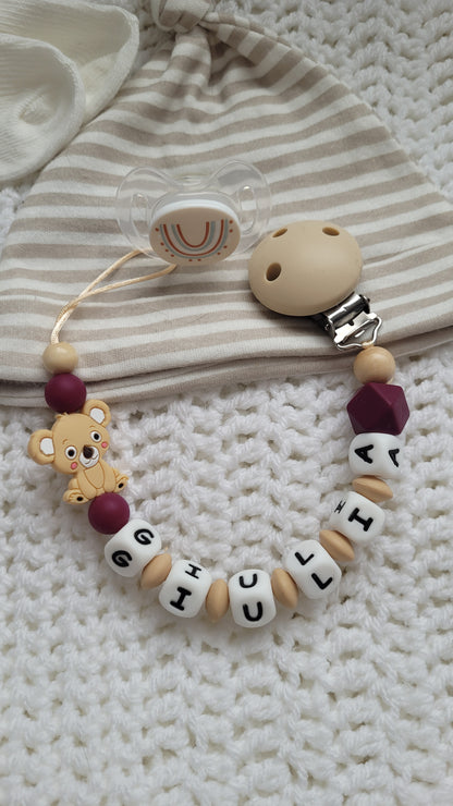 Schnullerkette mit Namen für Mädchen koala weinrot beige