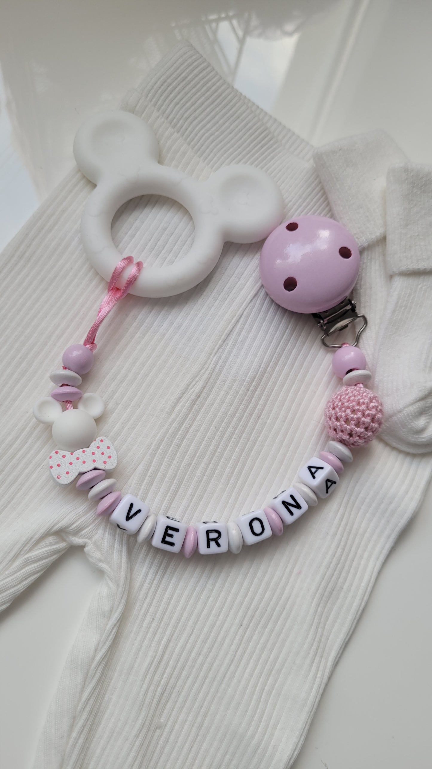 3 in 1 Beissring Schnullerkette mit Namen  Maus rosa