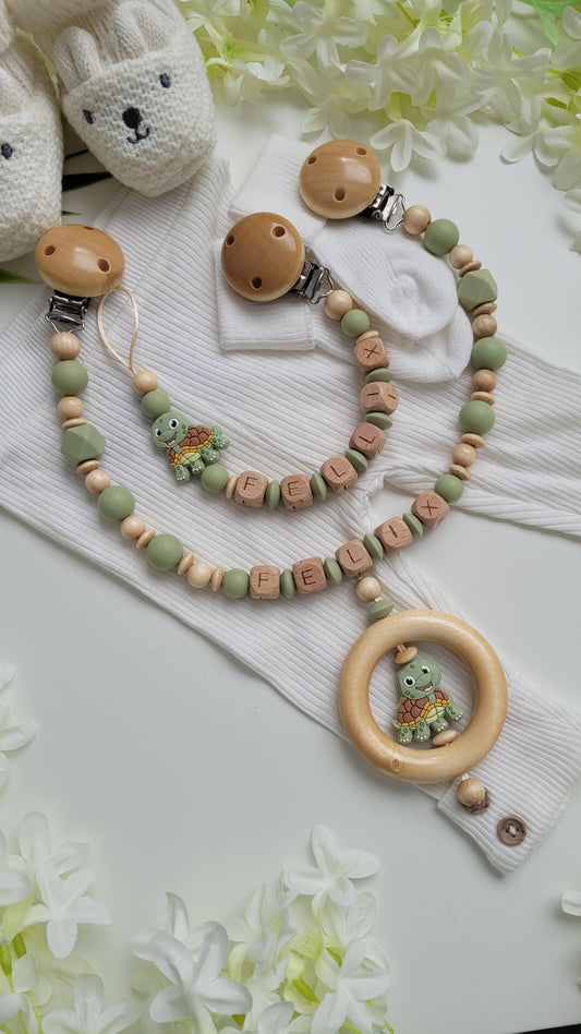 Kinderwagenkette & Schnullerkette mit Namen Schildkröte grün