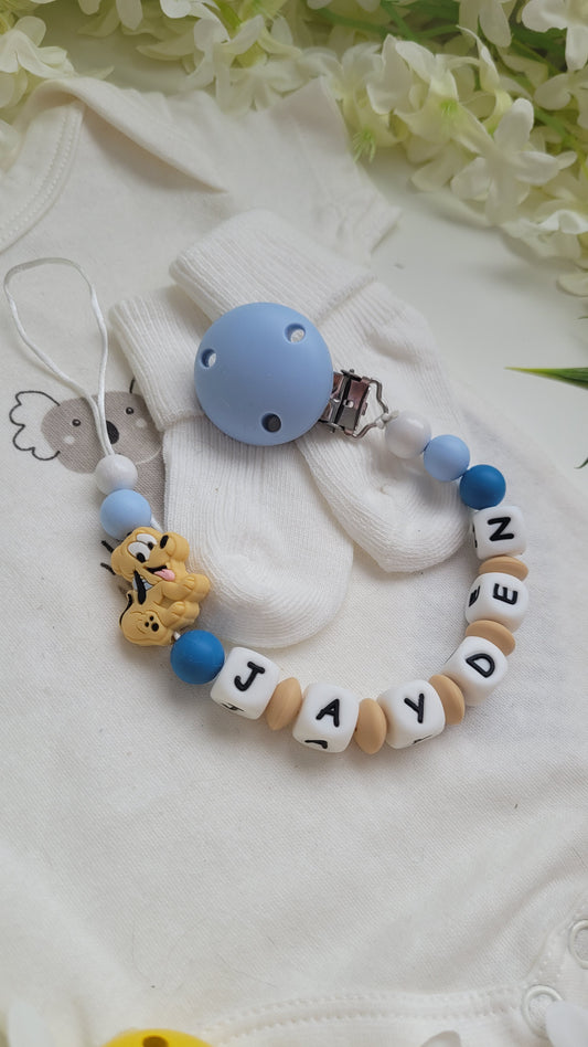 Schnullerkette mit Namen für Jungen  Hund Babyblau beige