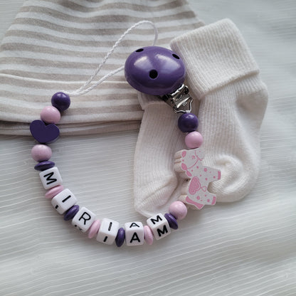 Schnullerkette mit Namen für Mädchen Herz & Pferd lila rosa