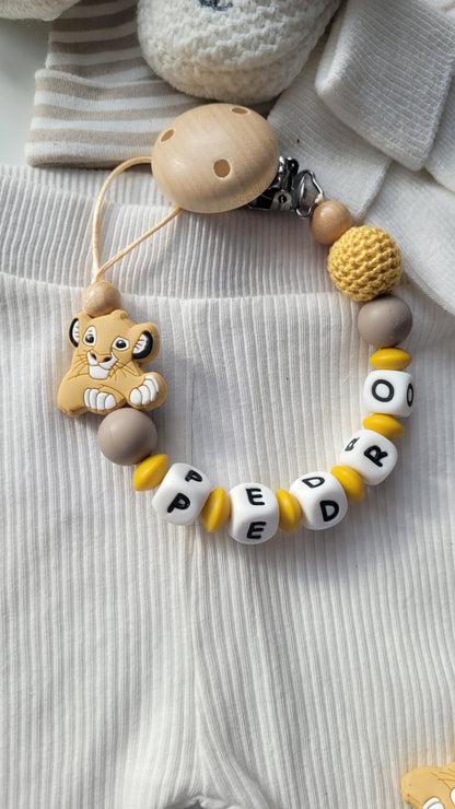 3er Set Schnullerkette Kinderwagenkette & Beissring mit Namen Löwe