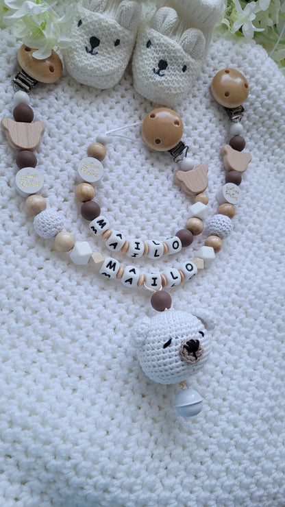 Kinderwagenkette & Schnullerkette Set Baby Teddy für Jungen braun weiss holz