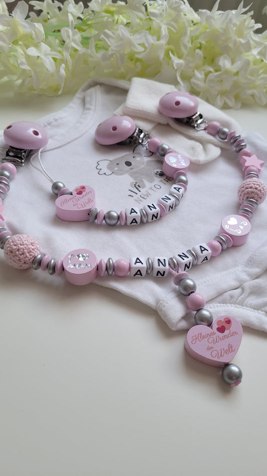 Babygeschenkset mit Name rosa silber Schnullerkette Kinderwagenkette Kleines Wunder