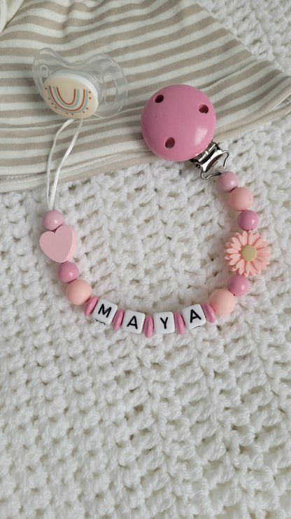 Schnullerkette mit Namen für Mädchen Blümchen babypink apricot