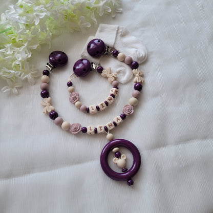 Kinderwagenkette & Schnullerkette mit Namen Maus und Blume altrosa beige pflaume