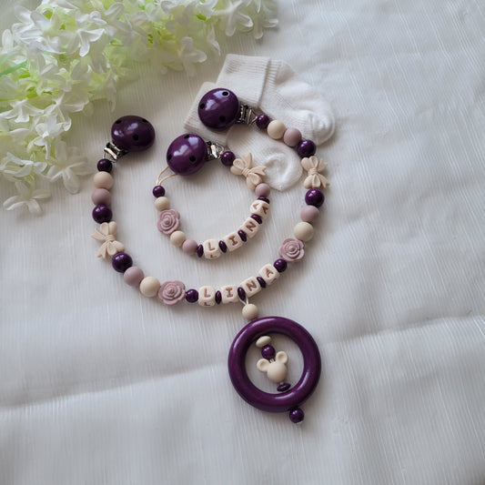 Kinderwagenkette & Schnullerkette mit Namen Maus und Blume altrosa beige pflaume