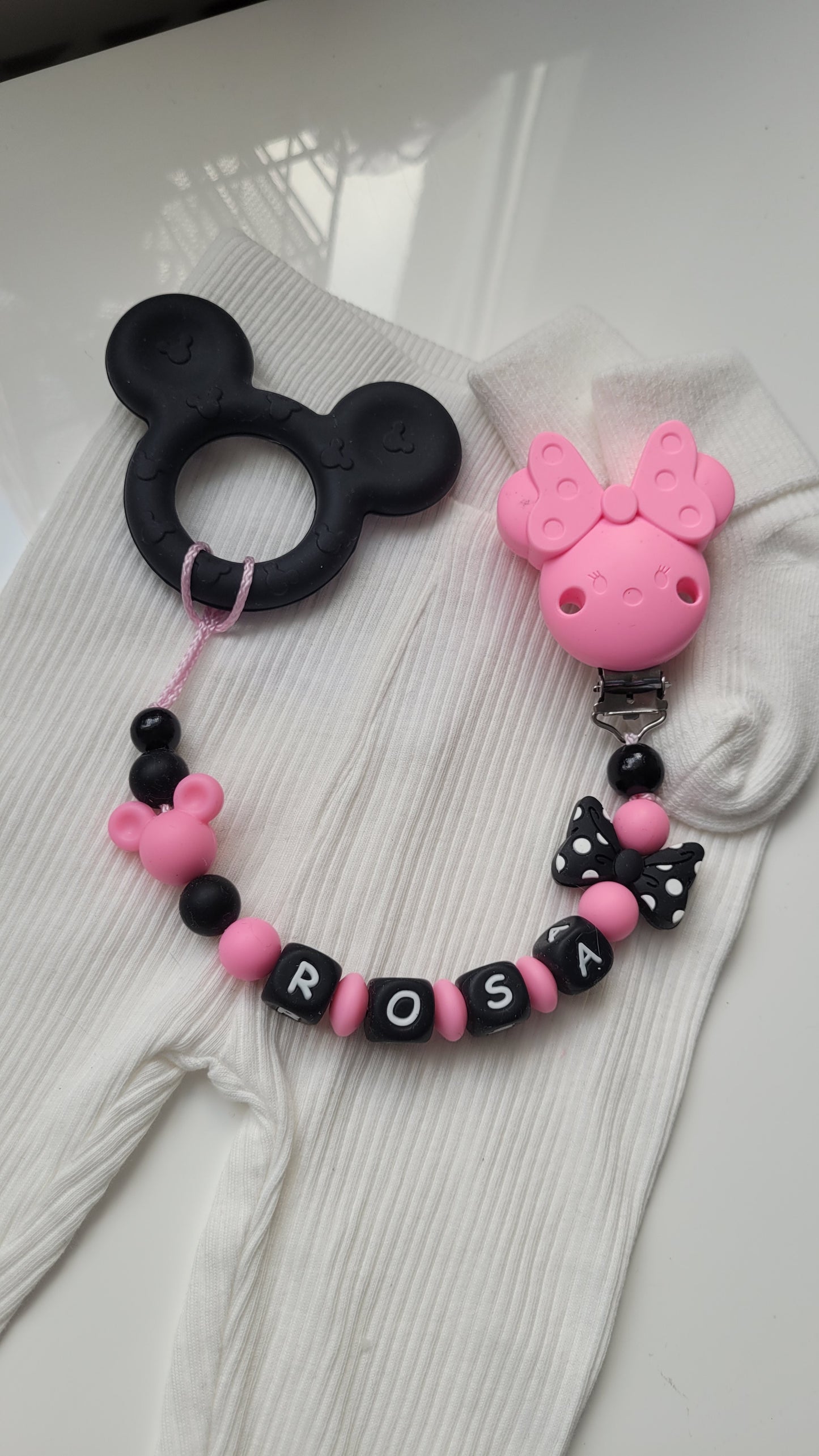 3 in 1 Beissring Schnullerkette mit Namen  Maus pink schwarz