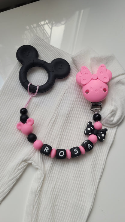 3 in 1 Beissring Schnullerkette mit Namen  Maus pink schwarz