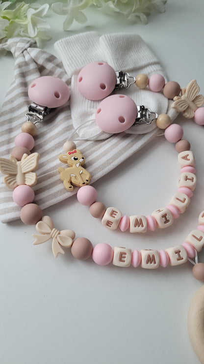 Kinderwagenkette & Schnullerkette mit Namen Schmetterling Reh altrose taupe