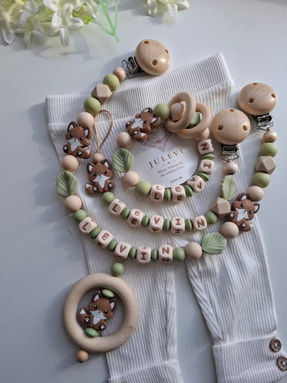 3er Set Schnullerkette Kinderwagenkette & Greifring mit Namen Fuchs salbei beige