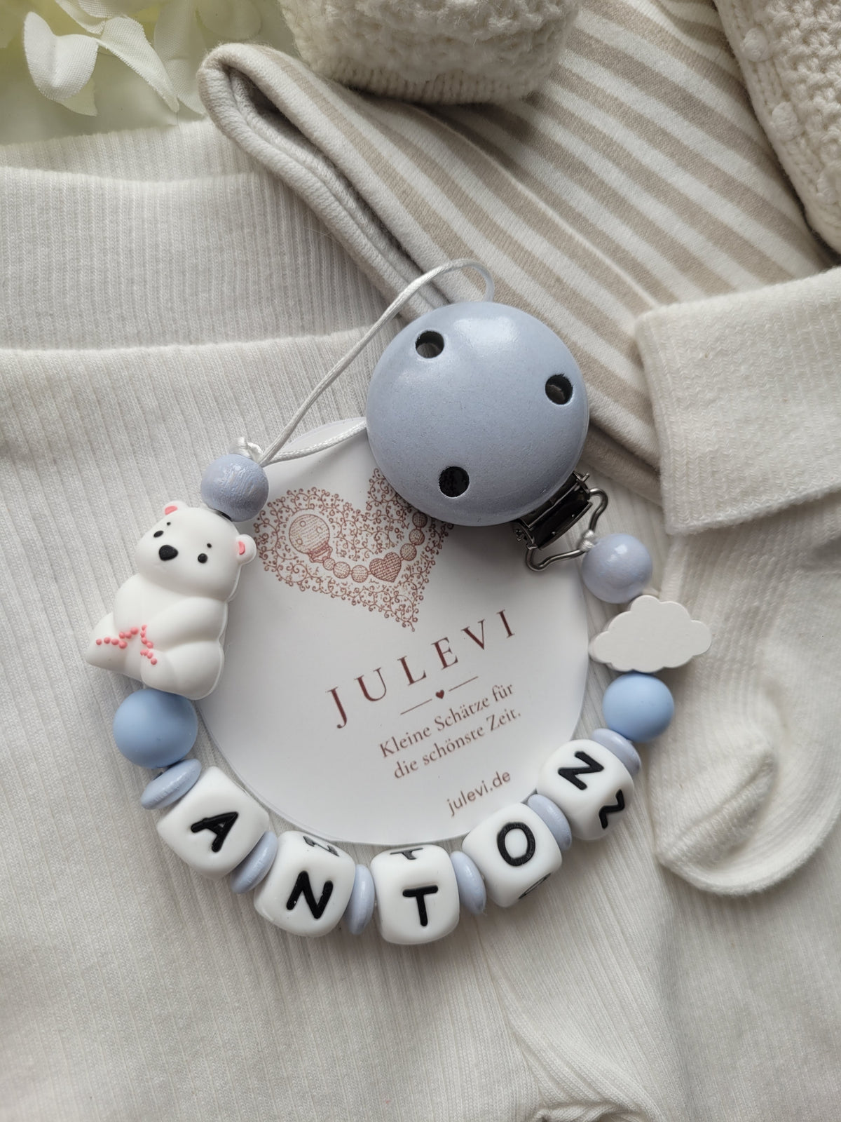 Schnullerkette mit Namen für Jungen Wolke & Eisbär blaugrau personalisiert
