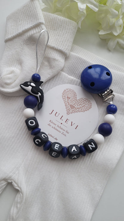 Schnullerkette mit Namen Jungen Wal marineblau personalisiert