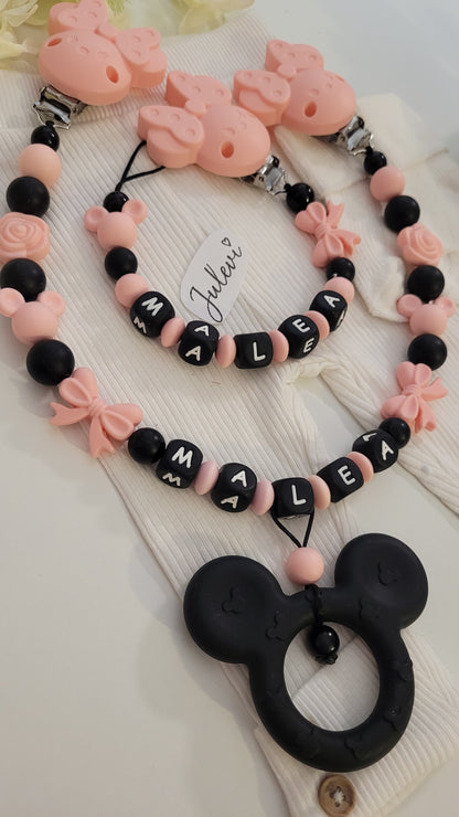 Kinderwagenkette & Schnullerkette Set mit Namen Maus apricot Holz Silikon | personalisiert