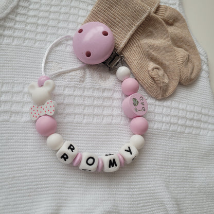 Schnullerkette mit Namen für Mädchen Maus rosa weiss i love Mom und Dad