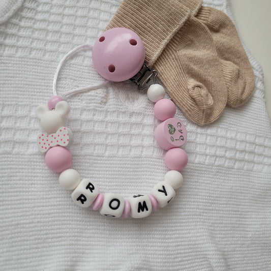 Schnullerkette mit Namen für Mädchen Maus rosa weiss i love Mom und Dad