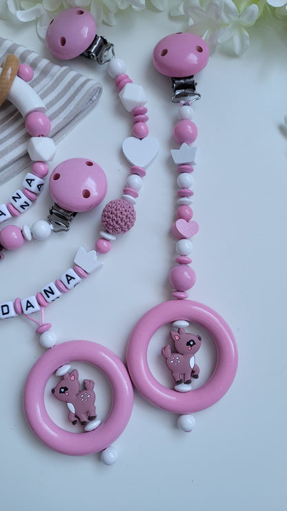 4tlg.Set Schnullerkette Kinderwagenkette & Greifring mit Namen Reh babyrosa weiss