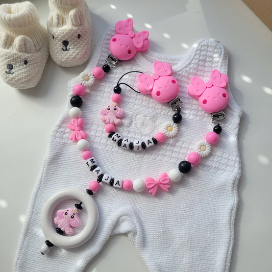 Kinderwagenkette & Schnullerkette mit Namen für Mädchen Elefant pink schwarz
