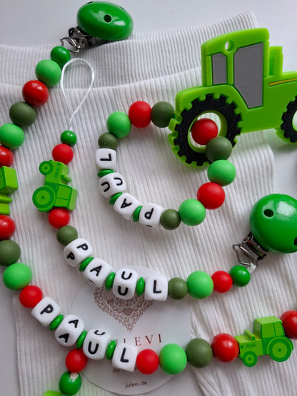 3er Set Schnullerkette Kinderwagenkette & Greifring mit Namen Traktor grün rot