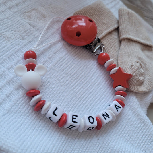 Schnullerkette mit Namen für Mädchen Maus & Stern rot weiß