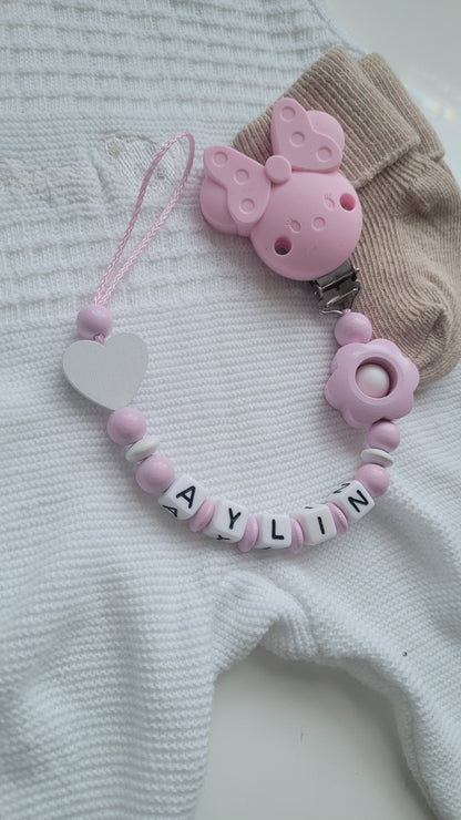 Schnullerkette mit Namen für Mädchen Herz & Blume rosa