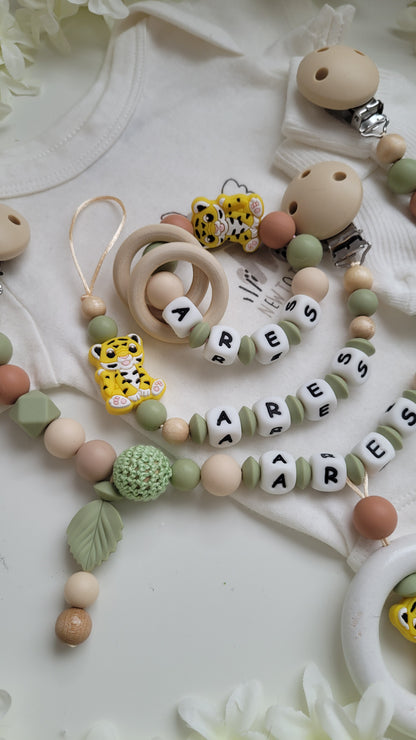 3tlg Set Schnullerkette Kinderwagenkette Greifling *Tiger* beige grün