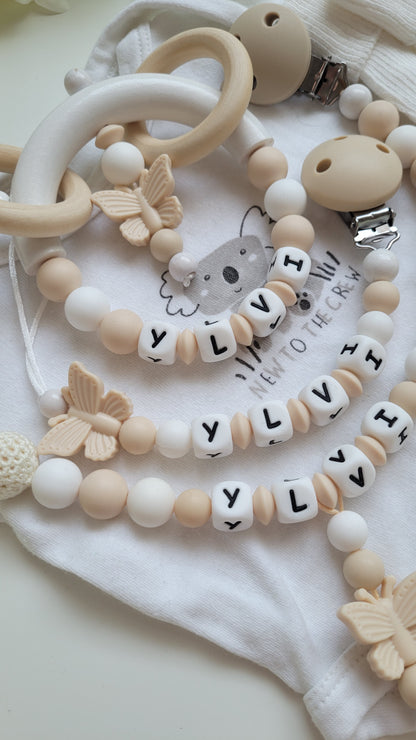 3tlg Set Schnullerkette Kinderwagenkette Greifling Schmetterling beige