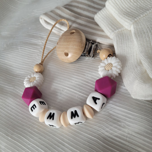 Schnullerkette mit Namen für Mädchen Blümchen pink