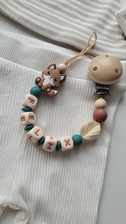 Schnullerkette mit Namen für Jungen Fuchs petrol beige
