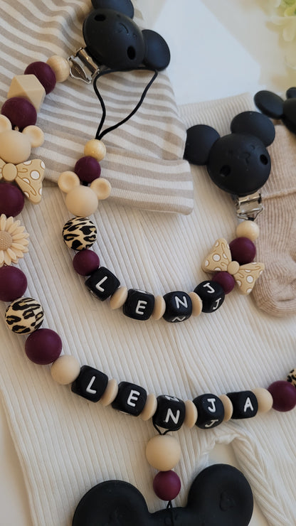 Kinderwagenkette & Schnullerkette mit Namen für Mädchen Maus weinrot beige schwarz