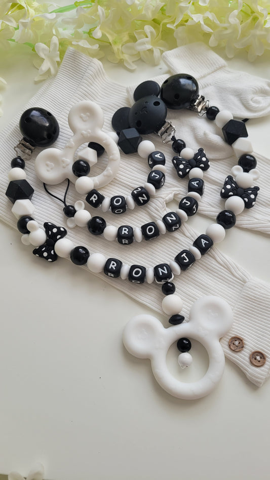 Komplett Set 3tlg Schnullerkette Kinderwagenkette Greifring mit Namen Maus schwarz weiß